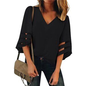 Women's V Neck Mesh Panel Blouse 3/4 Bell Sleeve Loose Top Casual Work Shirt
